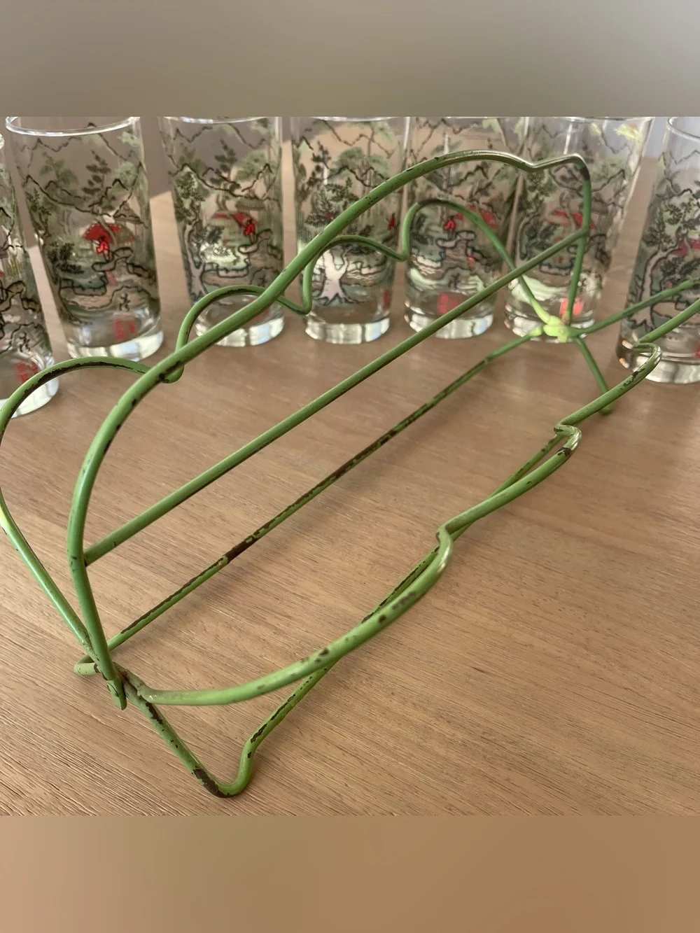 Vintage MCM Libbey “JAPANESE GARDEN” Highball  Glasses Green Tote Rack Set of 7